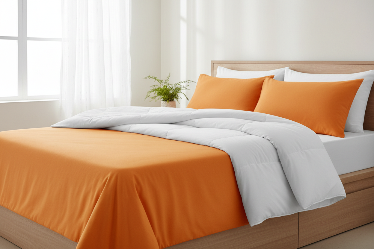 Could you please put the Orange Peel colored sheets and pillow cases onto a bed with a white comforter to accent the sheets please. 